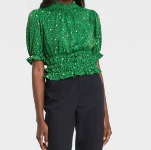 Who What Wear Ruffle Smocked Puff Sleeve Polkadot Blouse Size L